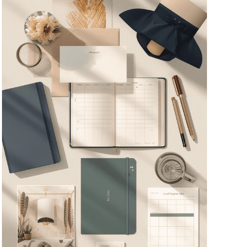 Viaje con planeación maleta sombrero cuaderno