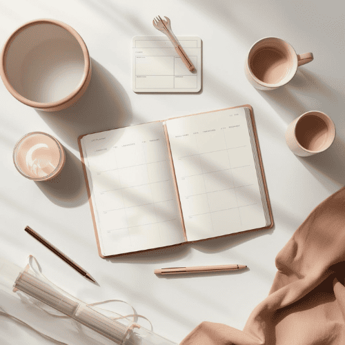 tazas y objetos de cerámica rosa